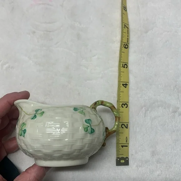 Vintage Belleek Ireland porcelain cream green shamrock vase cream & sugar set.